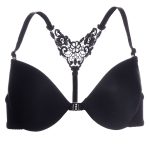 تصویر سوتین زنانه مشکی با کاپ ساده و توری تزئینی در قسمت وسط، مدل 3190-1.