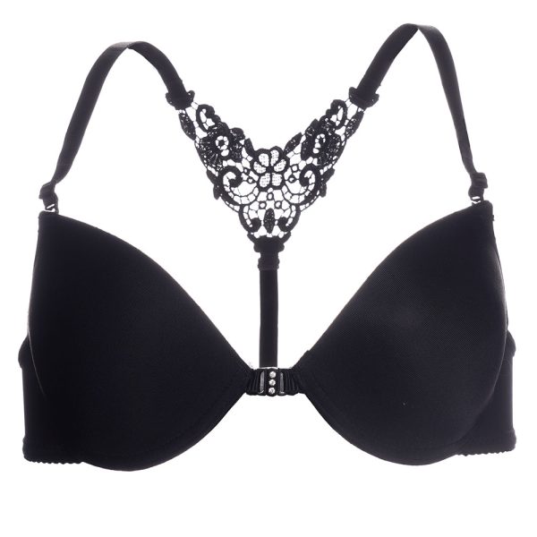 تصویر سوتین زنانه مشکی با کاپ ساده و توری تزئینی در قسمت وسط، مدل 3190-1.