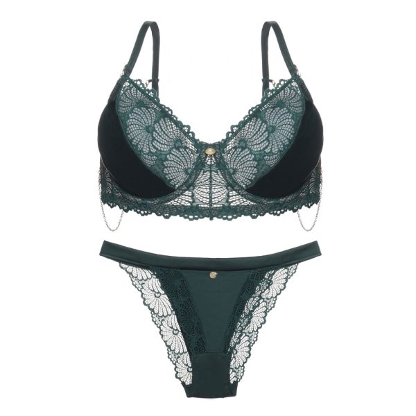 تصویر ست کامل لباس‌زیر زنانه شامل سوتین و شورت توری به رنگ سبز تیره از مجموعه 31741