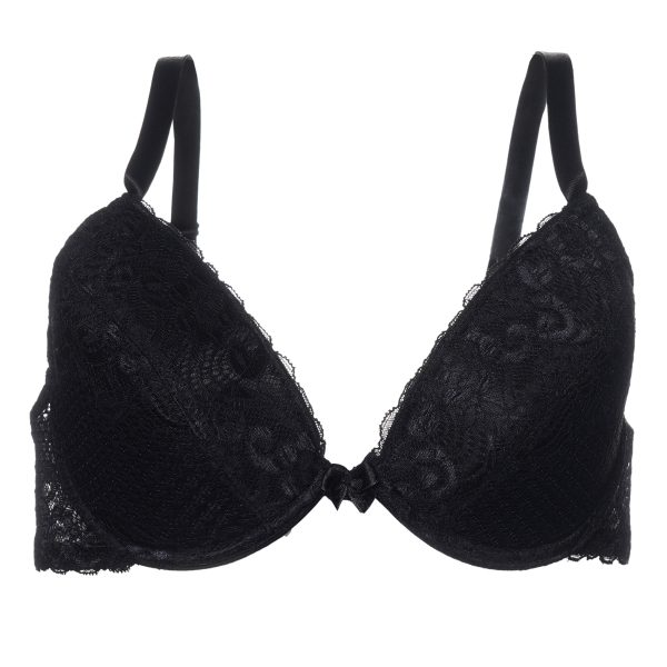 سوتین مشکی زنانه NBB مدل 1206 با فنجان اسفنجی و فنر زیرکاپ، طراحی گیپوردار و فرم‌دهی طبیعی برای راحتی روزانه.